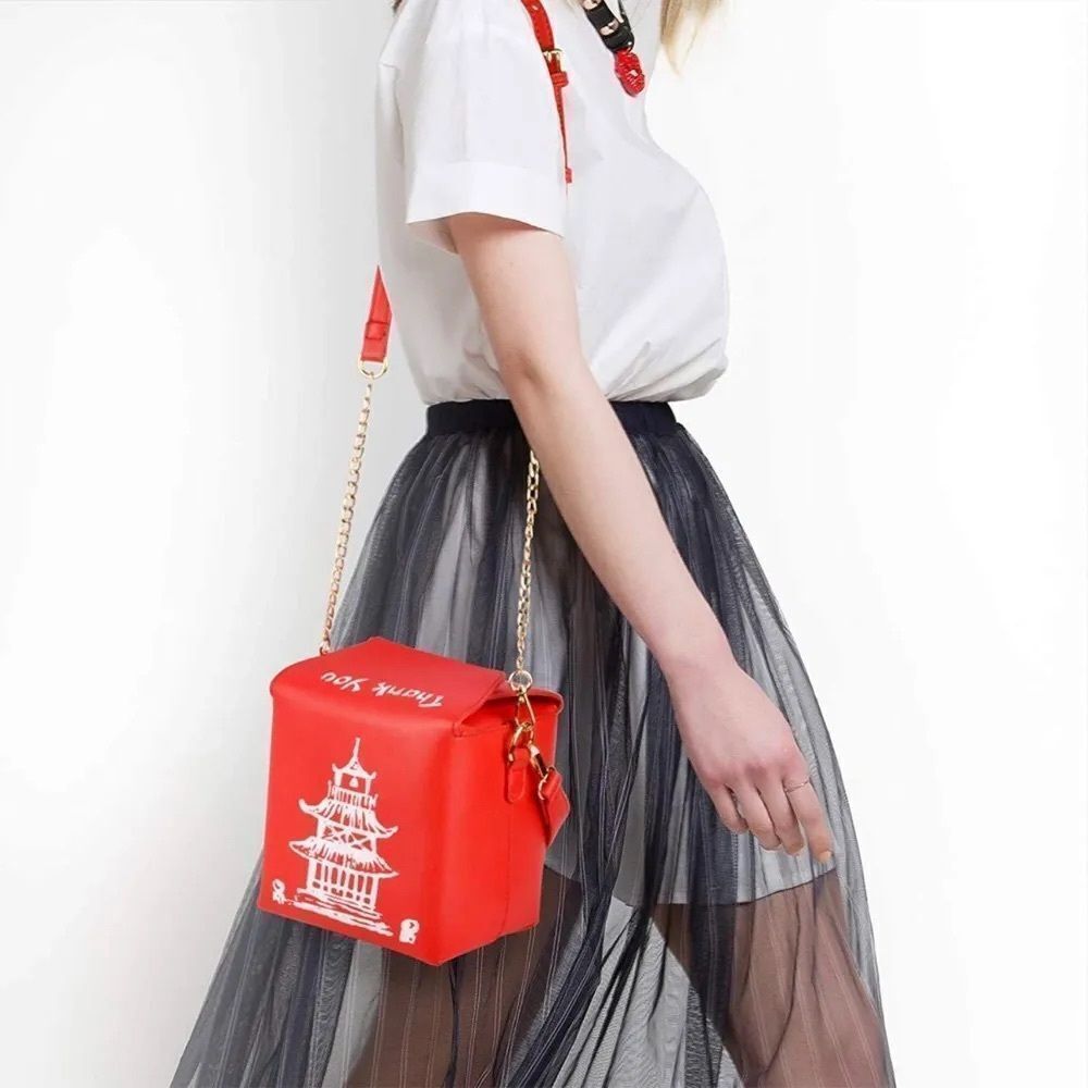 Red Pagoda-Print Crossbody Box Bag with Gold Chain